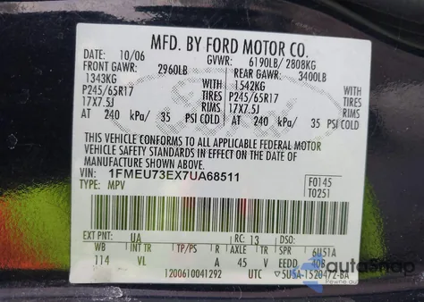 2007 Ford Explorer Xlt из США, поврежденный, VIN 1FMEU73EX7UA68511